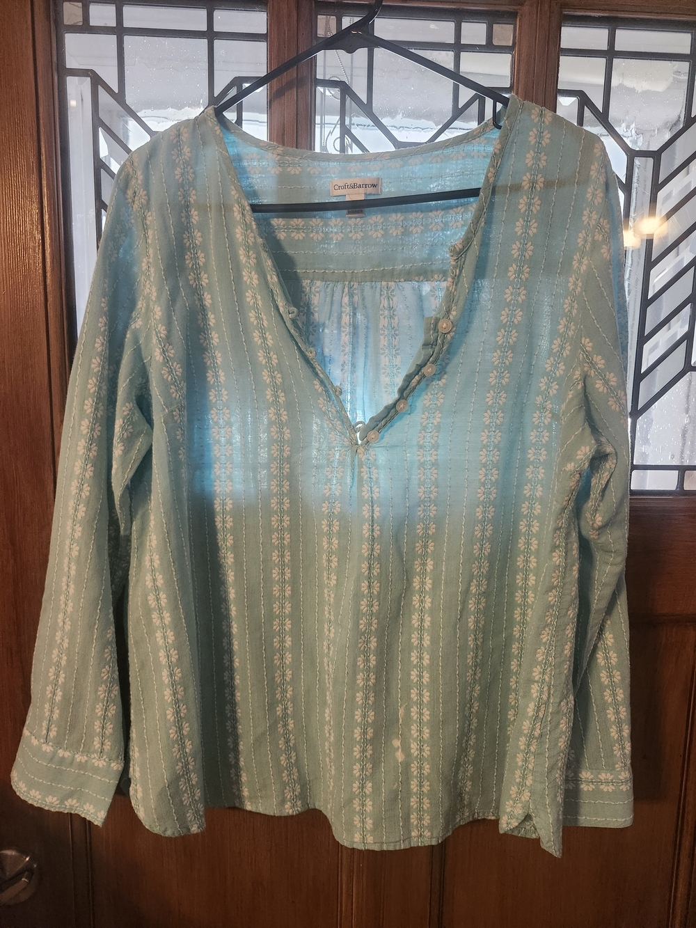 croft & barrow Mint Green Striped Floral Mid-Sleeve Shirt
